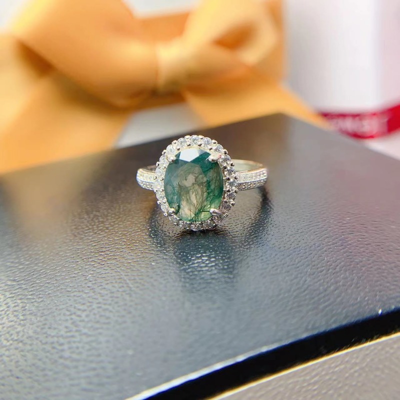 Jewelry Making University - خاتم عقيق طحلب طبيعي للنساء ،
