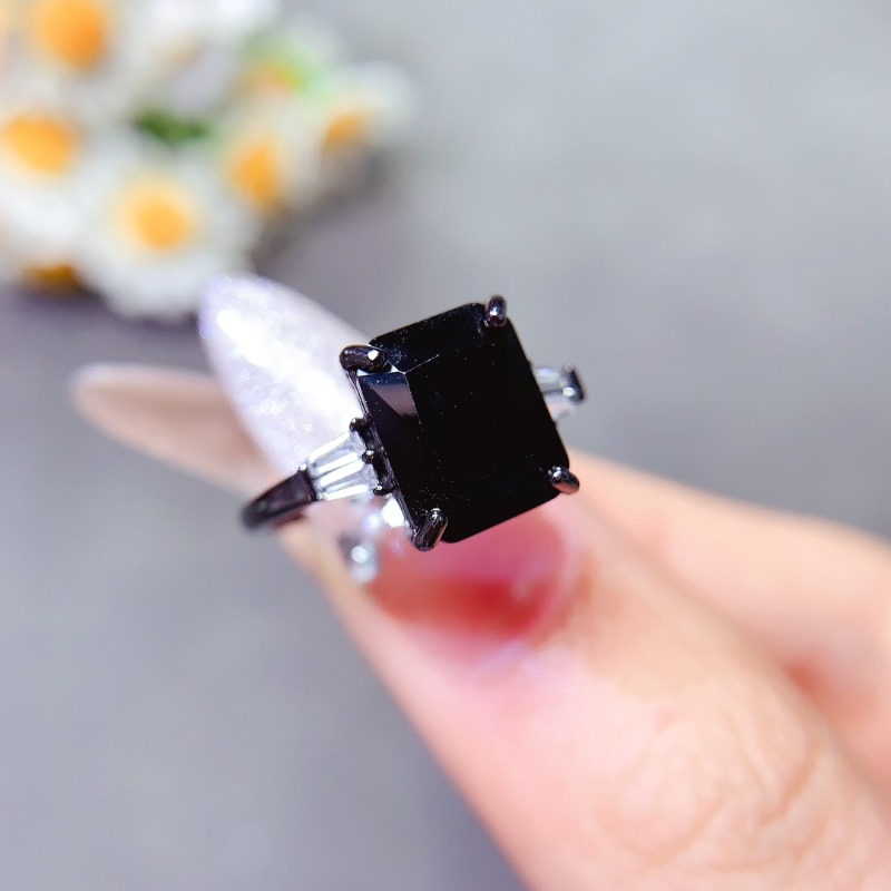 Jewelry Making University - خاتم الإسبنيل الأسود المستطيل الطبيعي للنساء